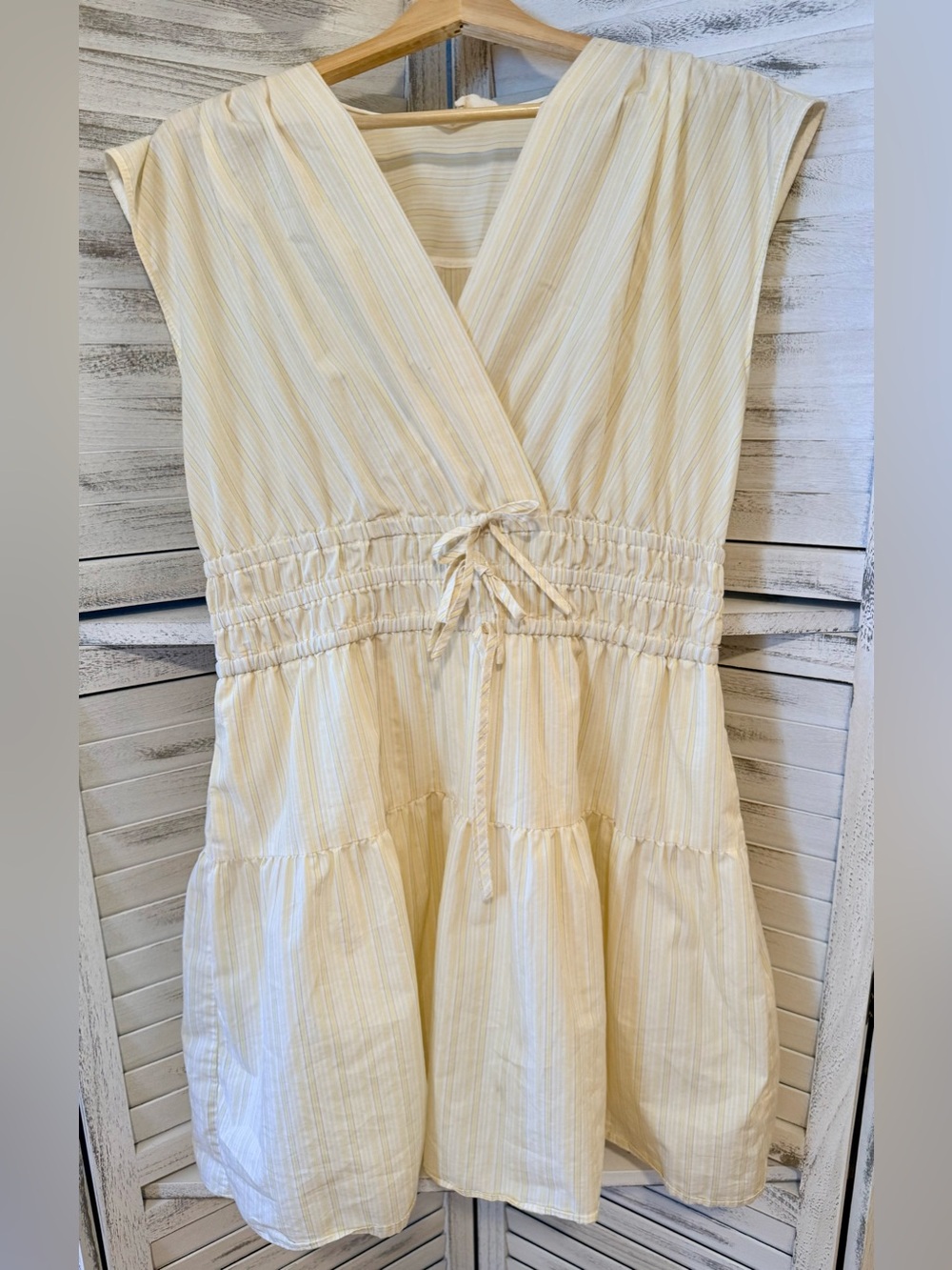 Melloday L Butter Yellow Lavender Stripe Tiered Dress Smocked Waist Pockets